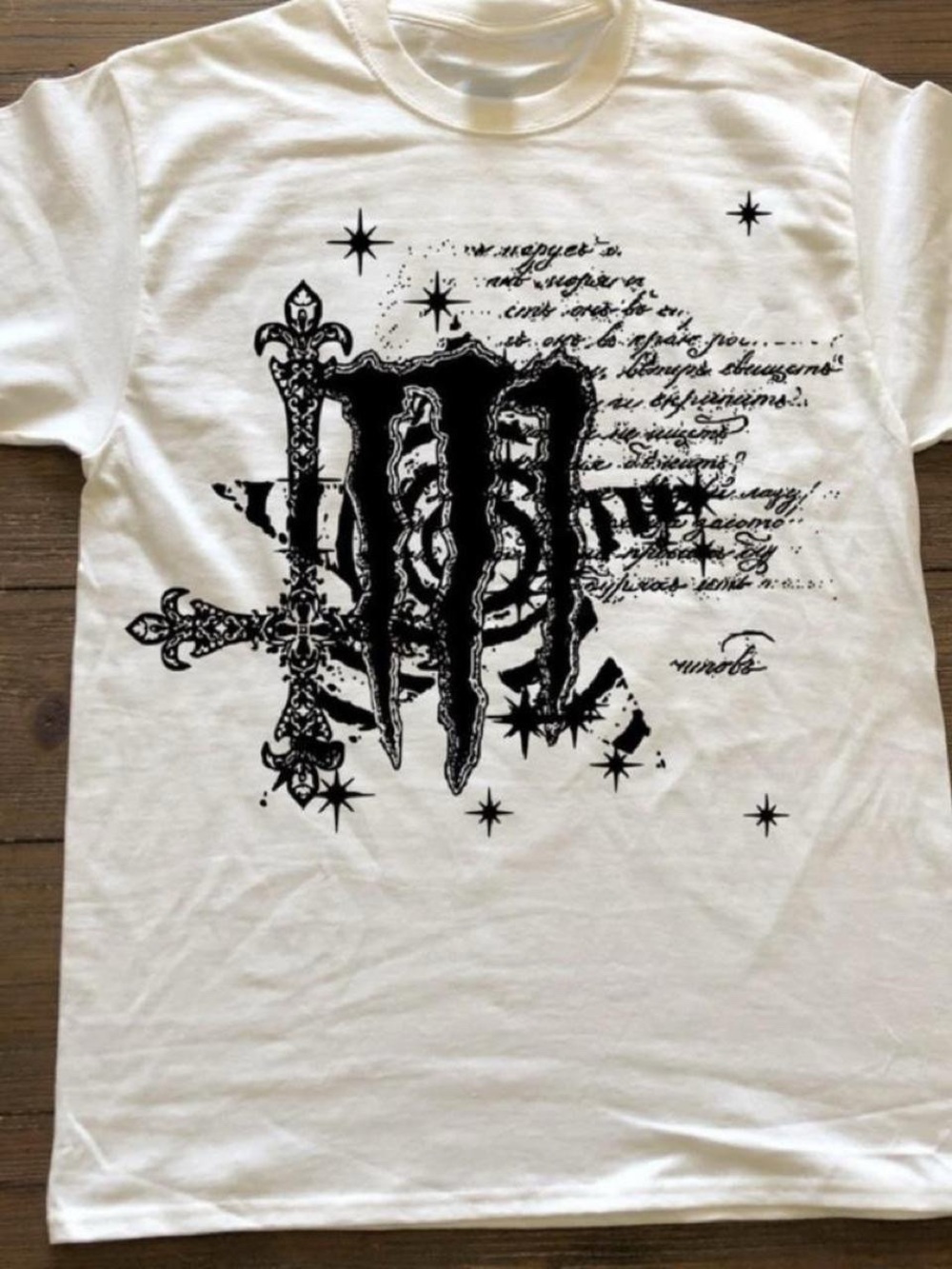 Gildan White Short Sleeve Tee with Black Gothic Graphic